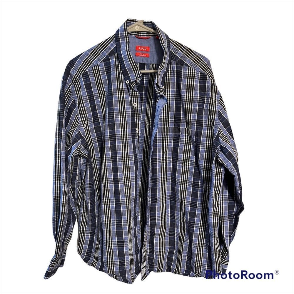 Mens blue plaid button down shirt xxl slim fit izod